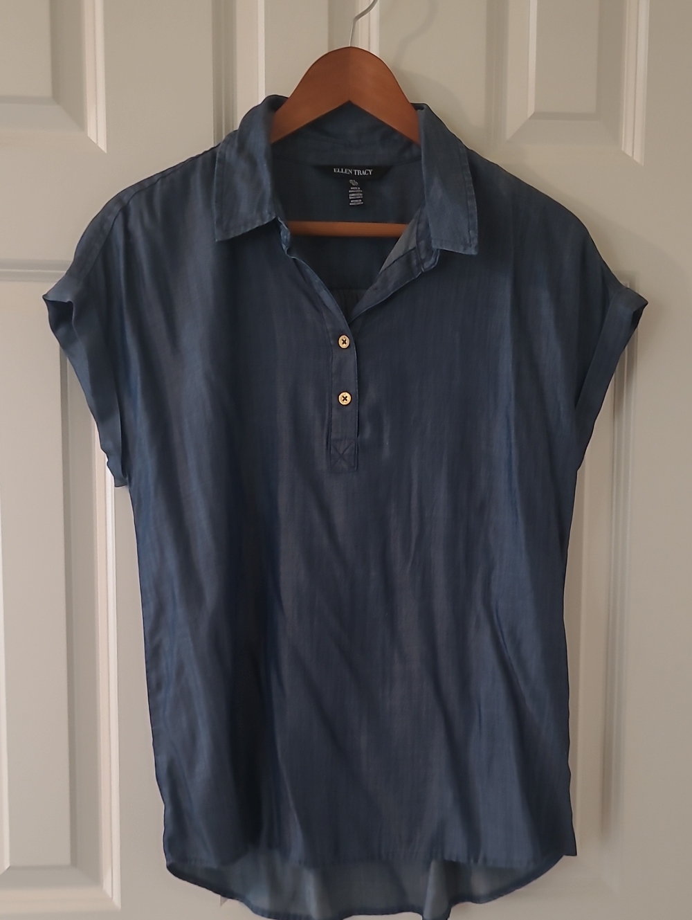 Ellen Tracy Indigo Short-Sleeve Collared Popover Blouse